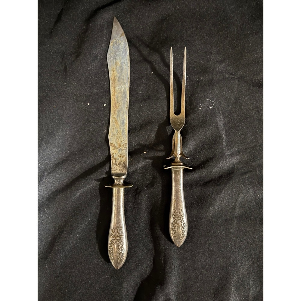Antique Embossed Carving Set Knife and Fork with Silver Tone Handles